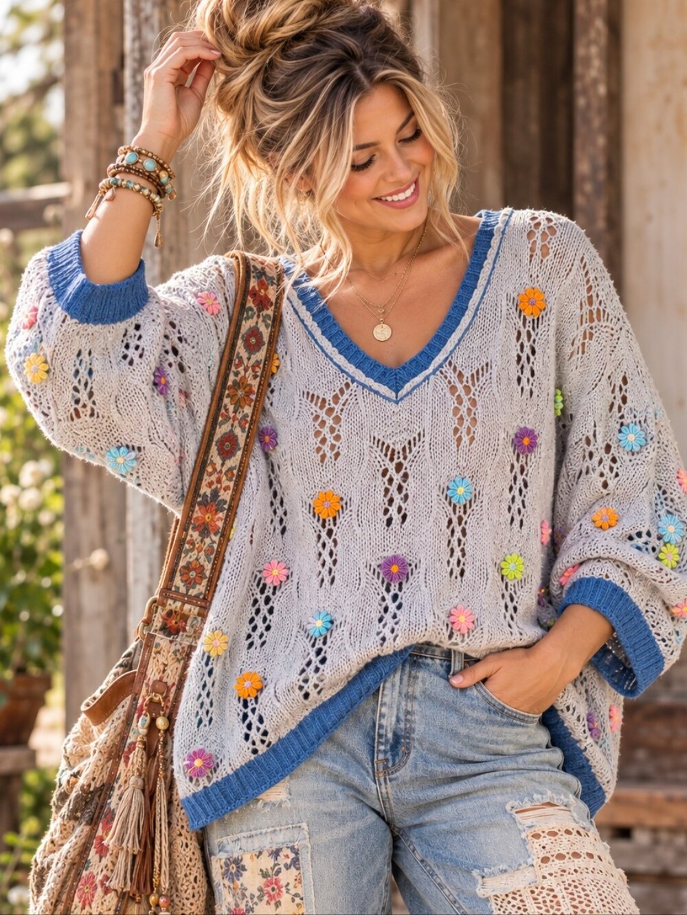 POL Floral Appliqué Open Knit Oversized Sweater Large Boho